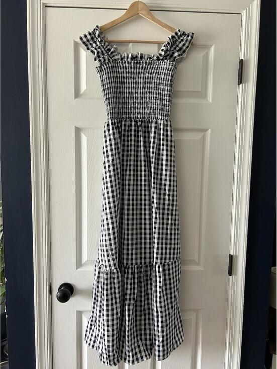 Dresses & Skirts - Gingham Smocked Maxi Dress Ruffle Strap Black/White Square Neck Sleeveless Small